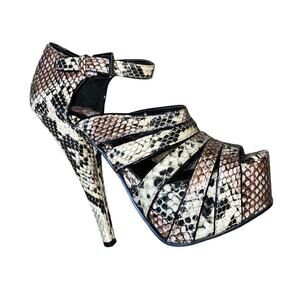 Office London heels  snake print platform strappy ankle buckle open toe SZ 5.5